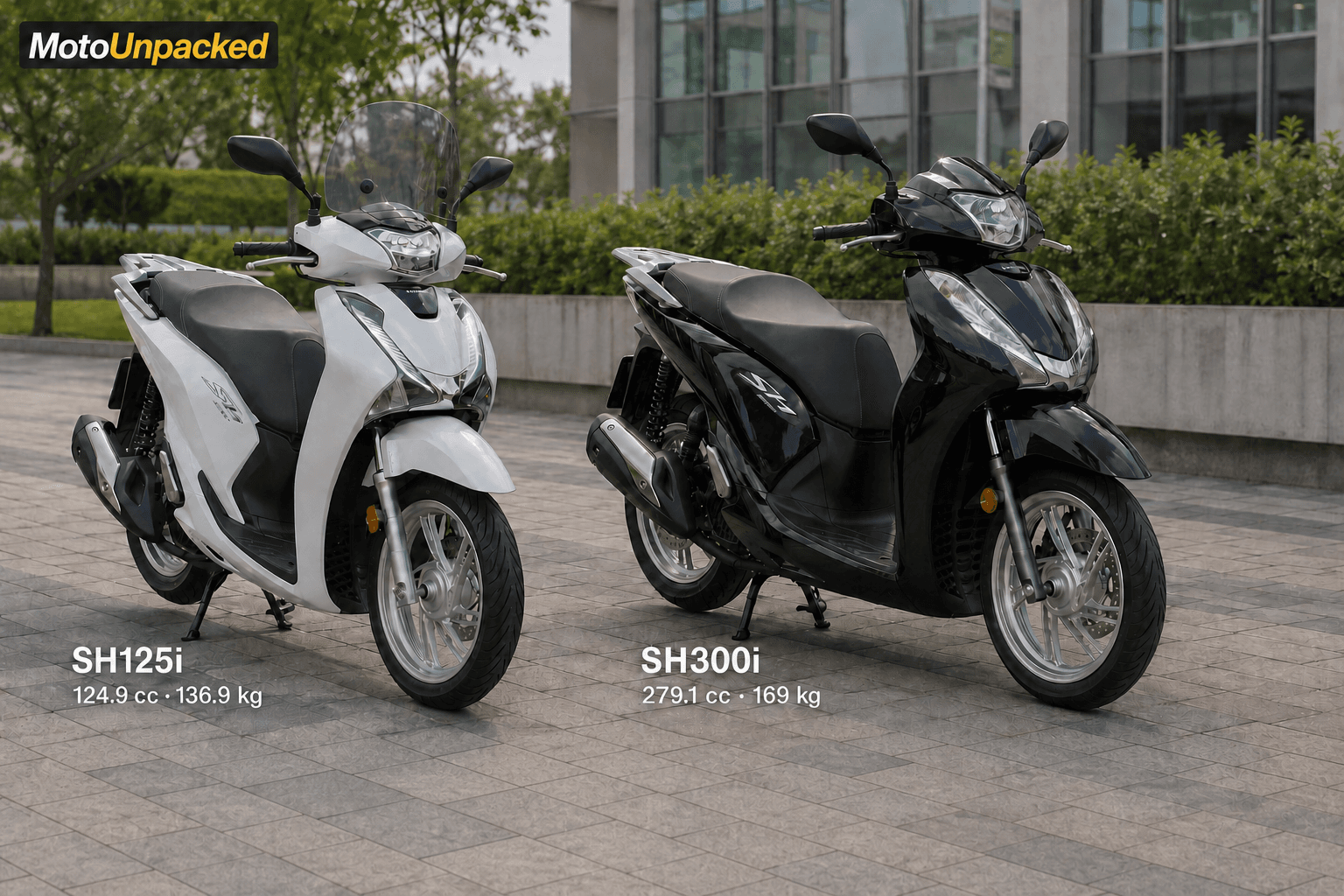 Illustrative comparison of a white 2019 Honda SH125i and a black 2019 Honda SH300i parked side by side.