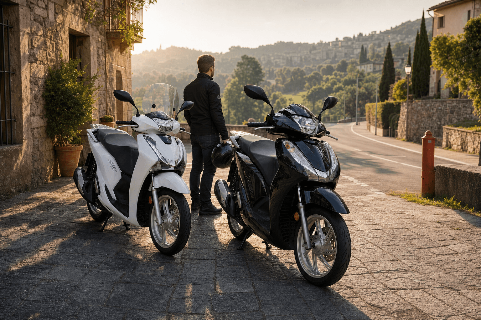 A rider standing between a white 2019 Honda SH125i and black 2019 Honda SH300i on an Italian road overlooking green hills.