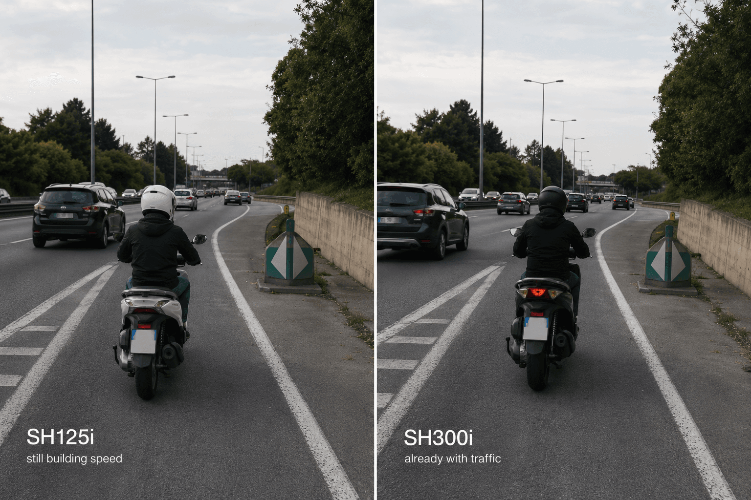 Split view of riders on a Honda SH125i and SH300i joining a busy multi-lane road.