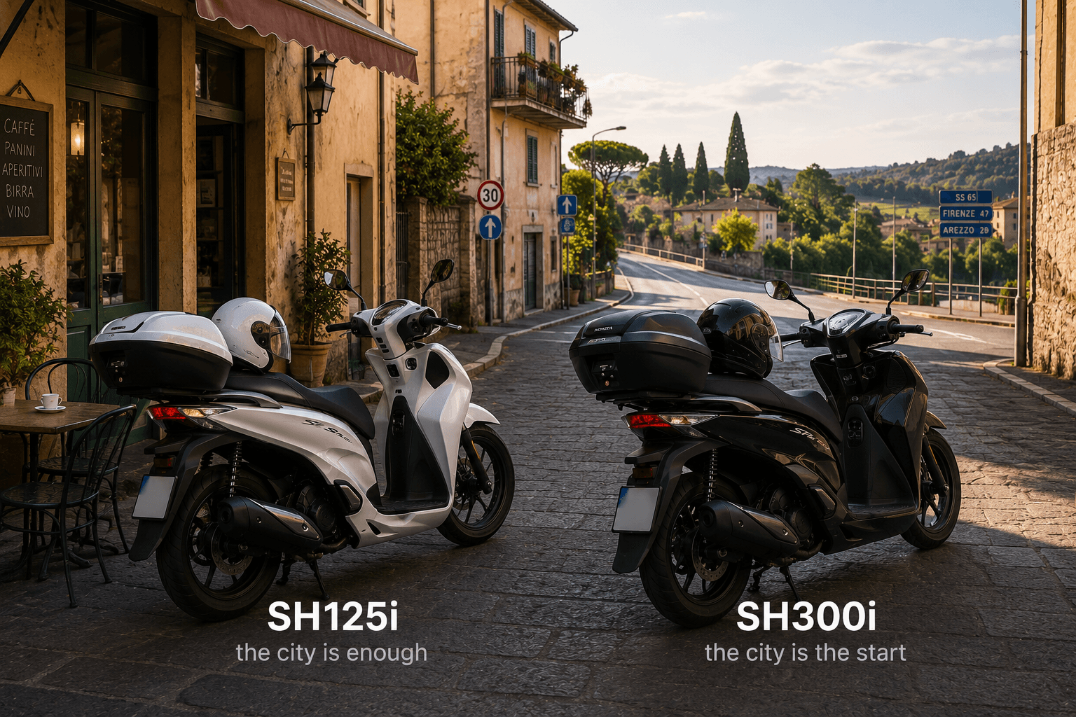 A white Honda SH125i and black SH300i with top boxes parked beside an Italian cafe, with an open country road ahead.