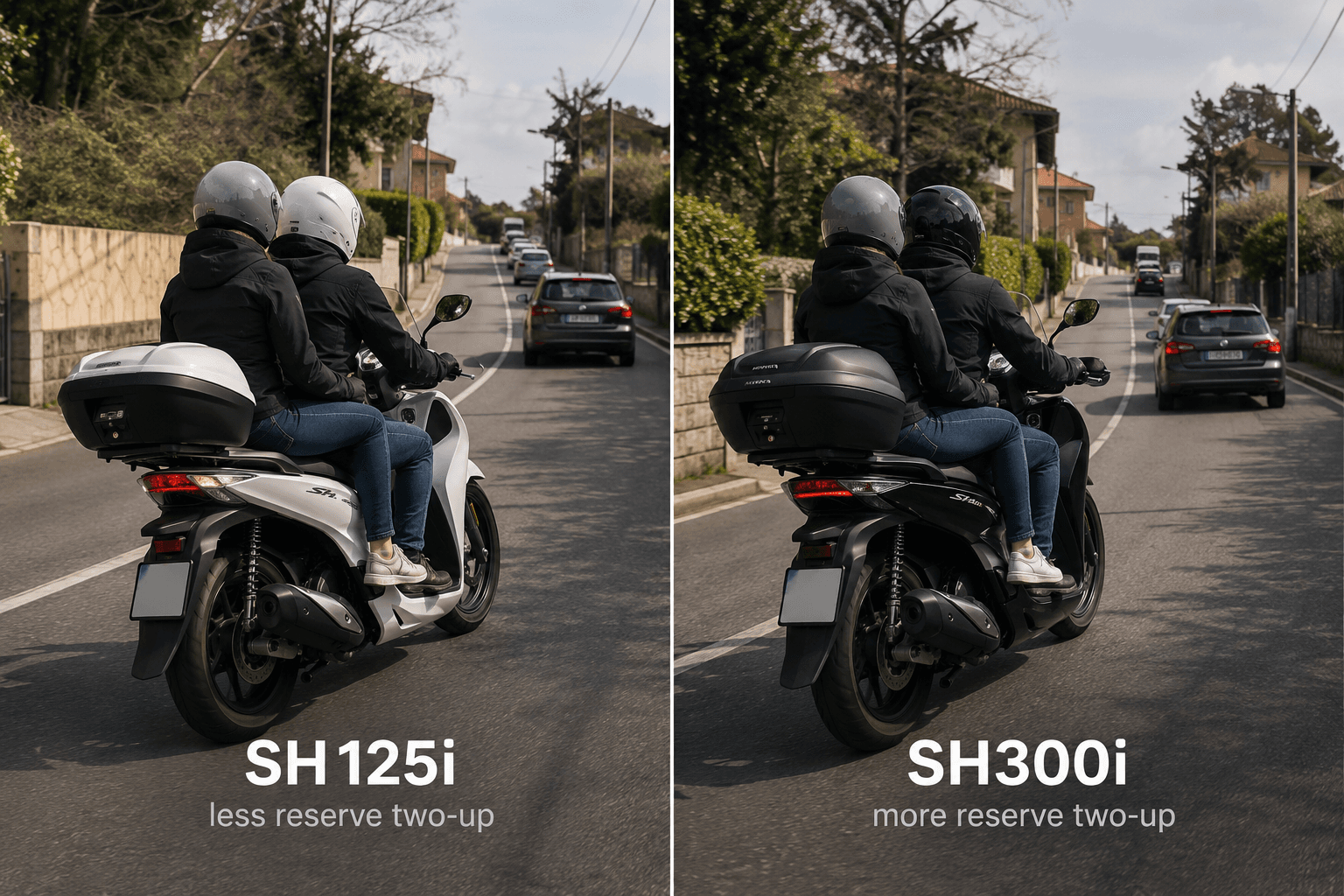 Split view of two riders traveling uphill on a white Honda SH125i and black SH300i.