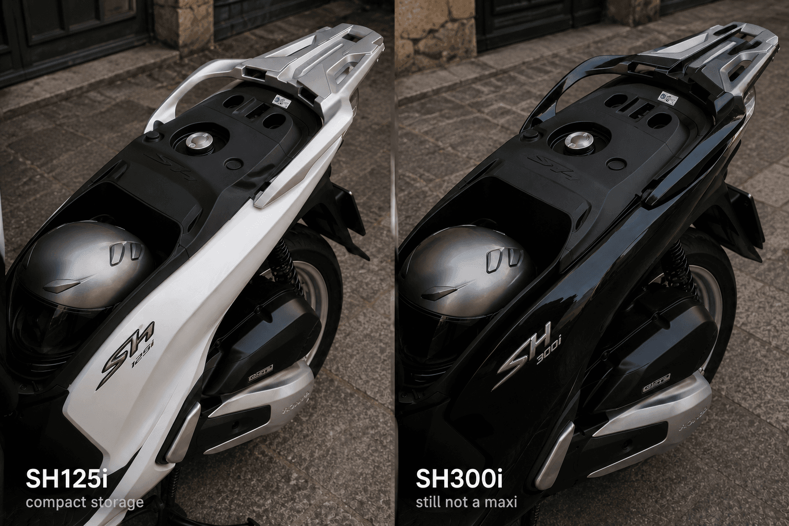 Illustrative comparison of the under-seat storage on a white Honda SH125i and a black Honda SH300i.