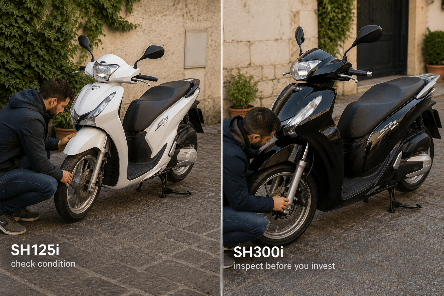 Illustrative comparison of a used Honda SH125i and SH300i being inspected before purchase.